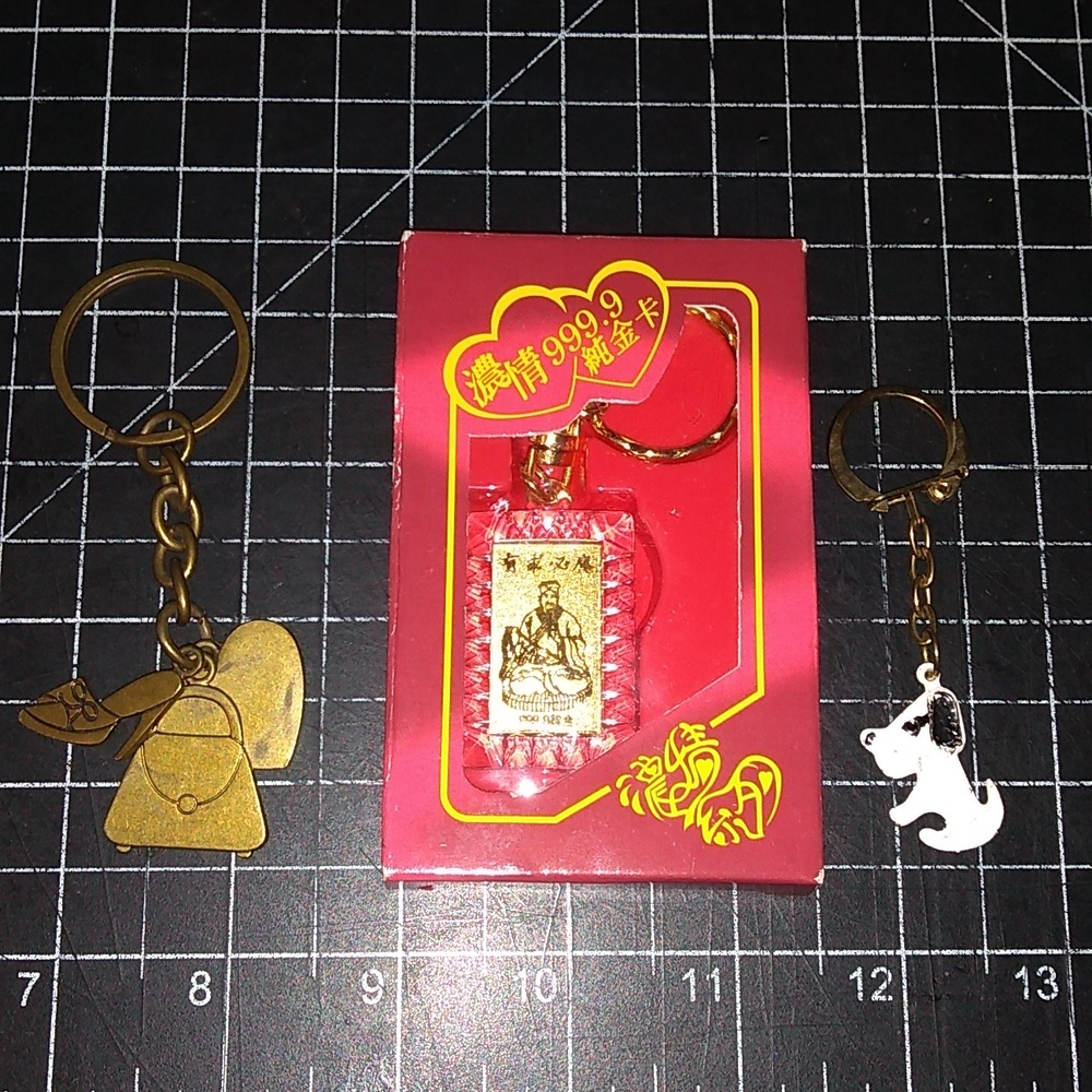 Three Gold Key Chains, Gold Bar in Box, Nine West Purse & Heels, Enamel … - Picture 1 of 11